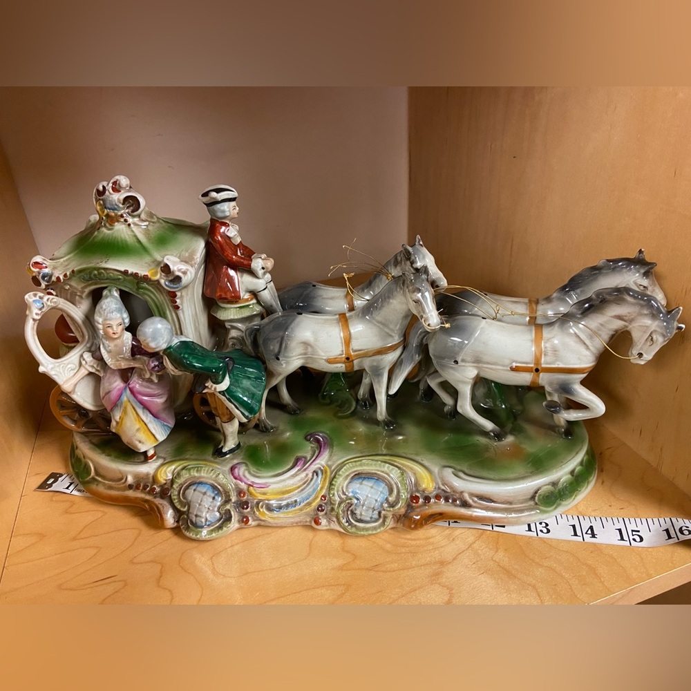 VINTAGE GRAFENTHAL PORCELAIN HORSE CARRIAGE MADE IN GERMANY 15” INCHES LONG